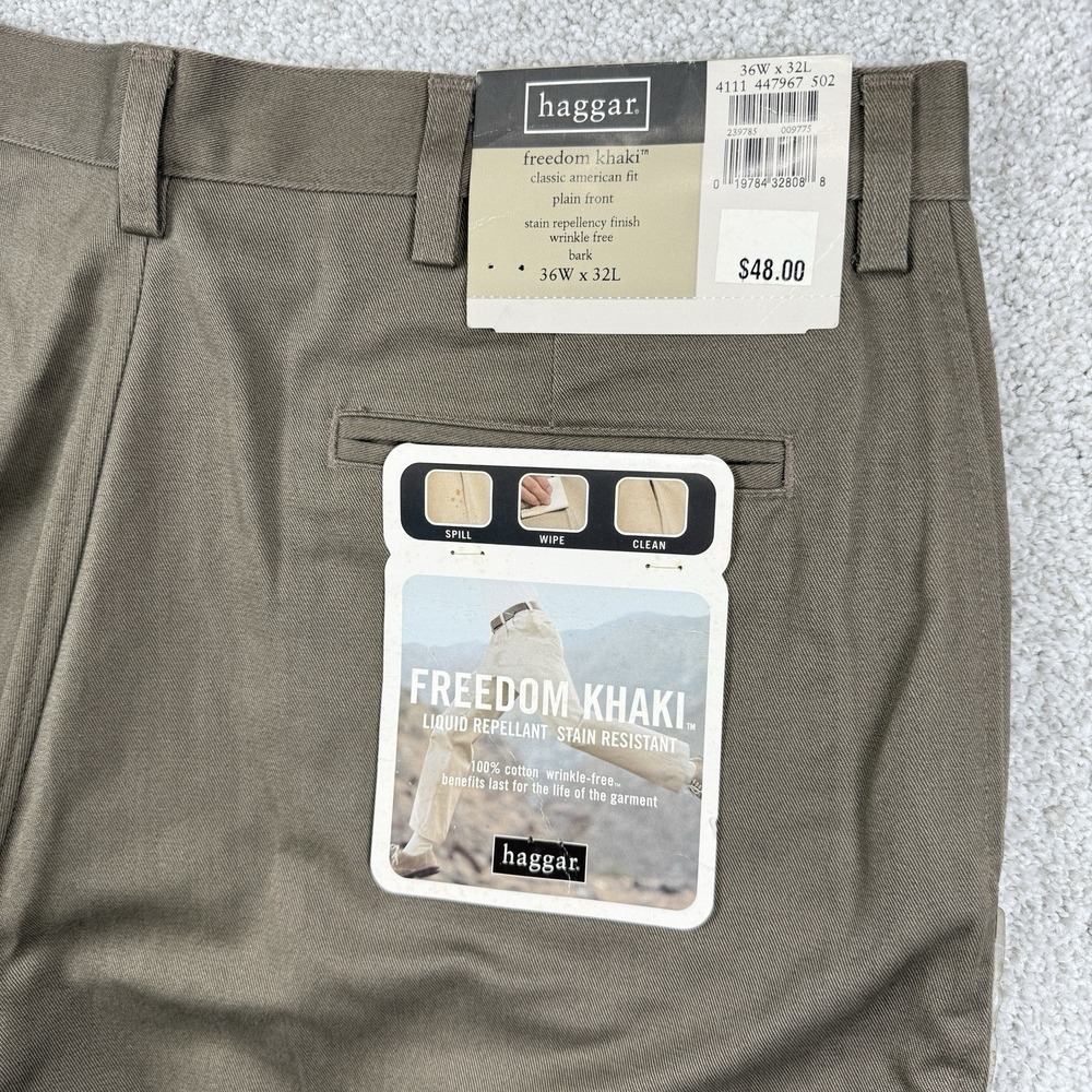 NEW HAGGAR FREEDOM KHAKI FLAT‎ FRONT CLASSIC 36 X 32 DRESS PANTS WRINKLE FREE